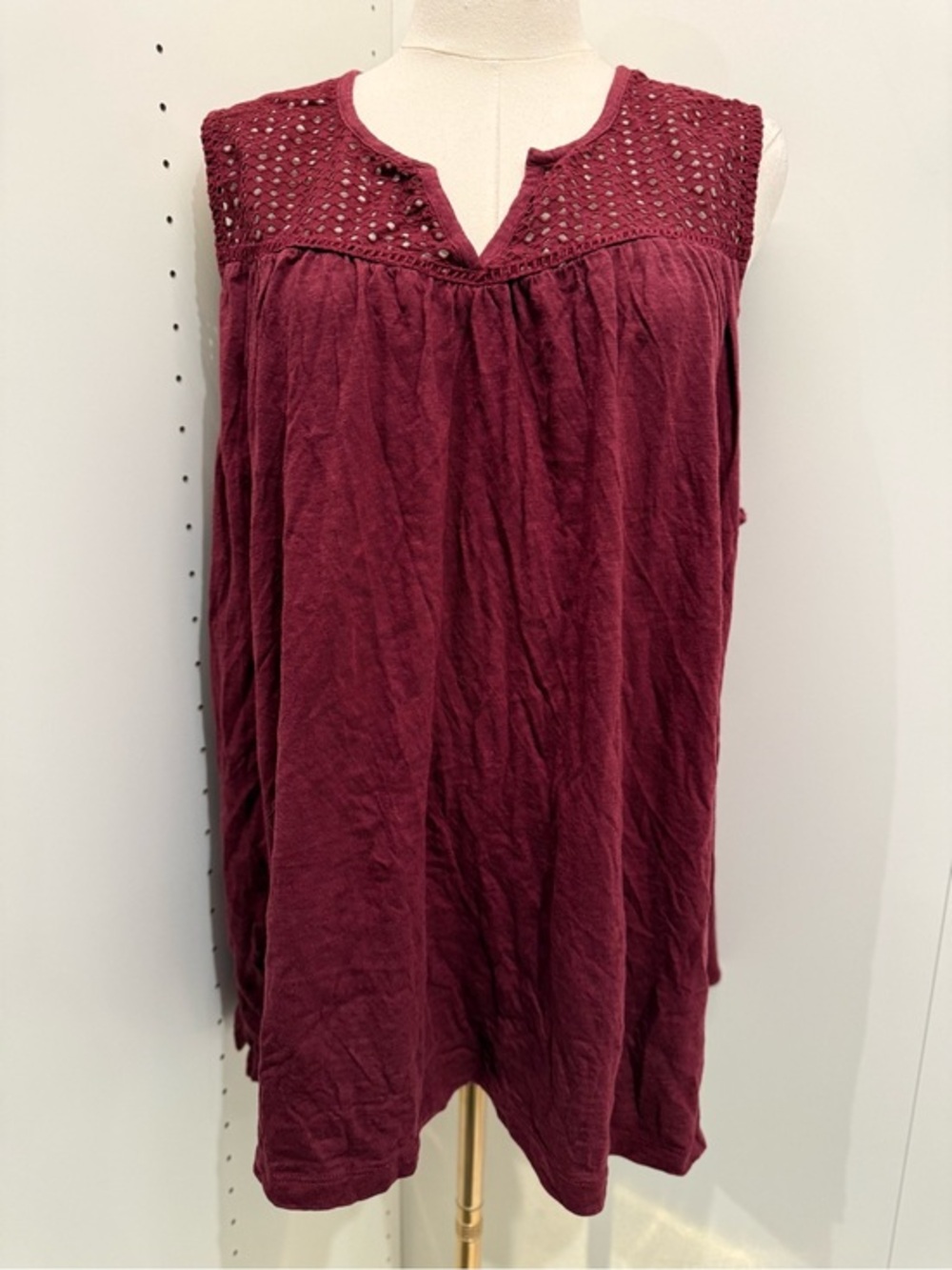 Eddie Bauer Sleeveless Crochet-Yoke Top in Burgundy